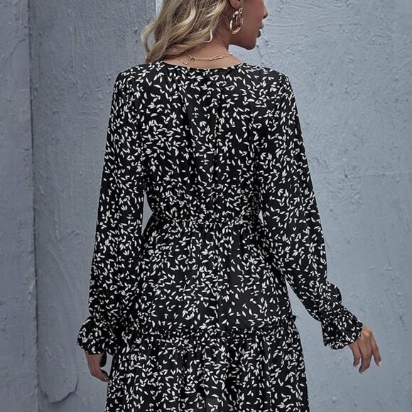 NWT Women's Floral Print Long Sleeve Ruffle Hem High Waist Short Dress - Picture 7 of 7